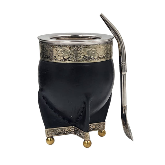 Mate acero imperial virola y base en alpaca con bolitas + bombilla