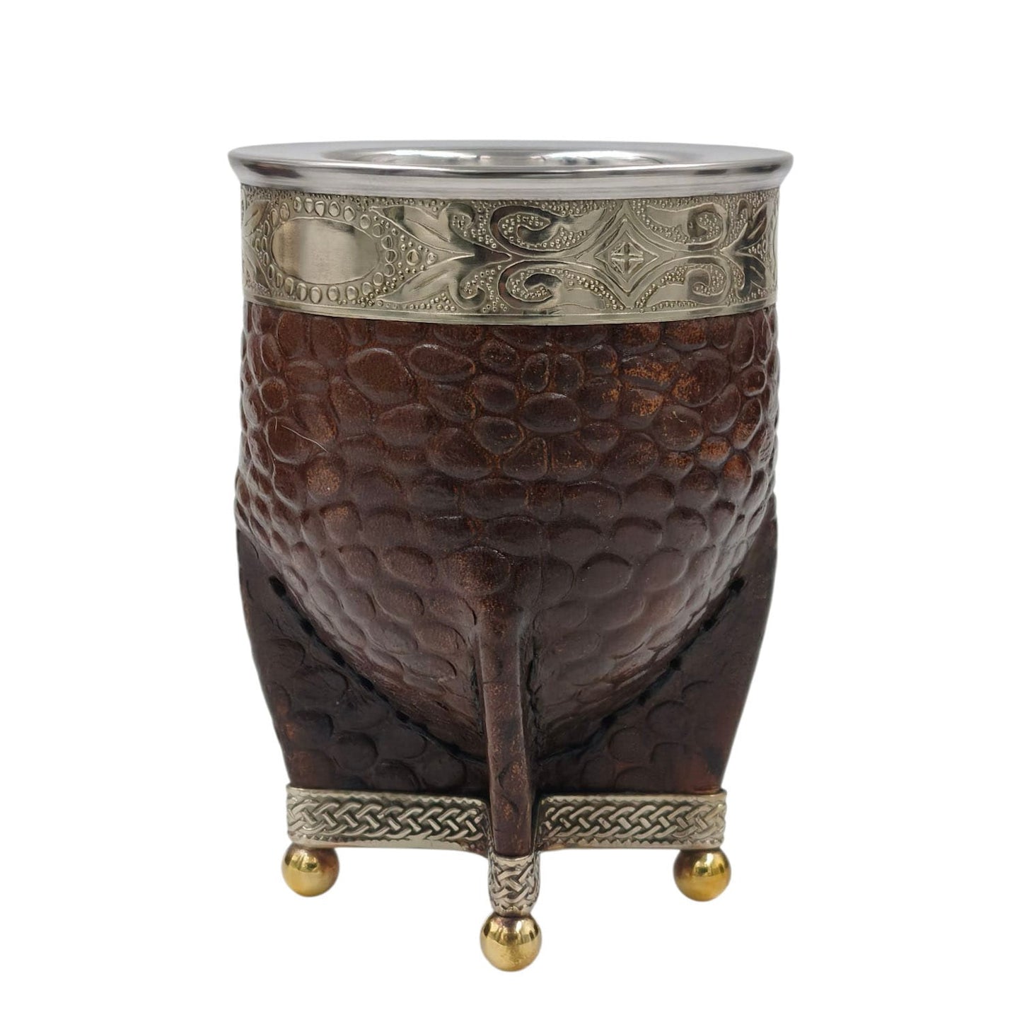 Mate imperial acero texturado virola y base en alpaca con bolitas