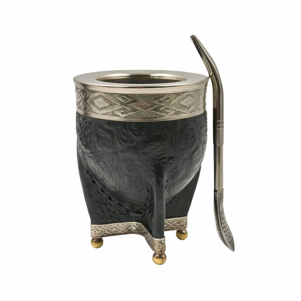 Mate acero imperial virola y base en alpaca con bolitas + bombilla