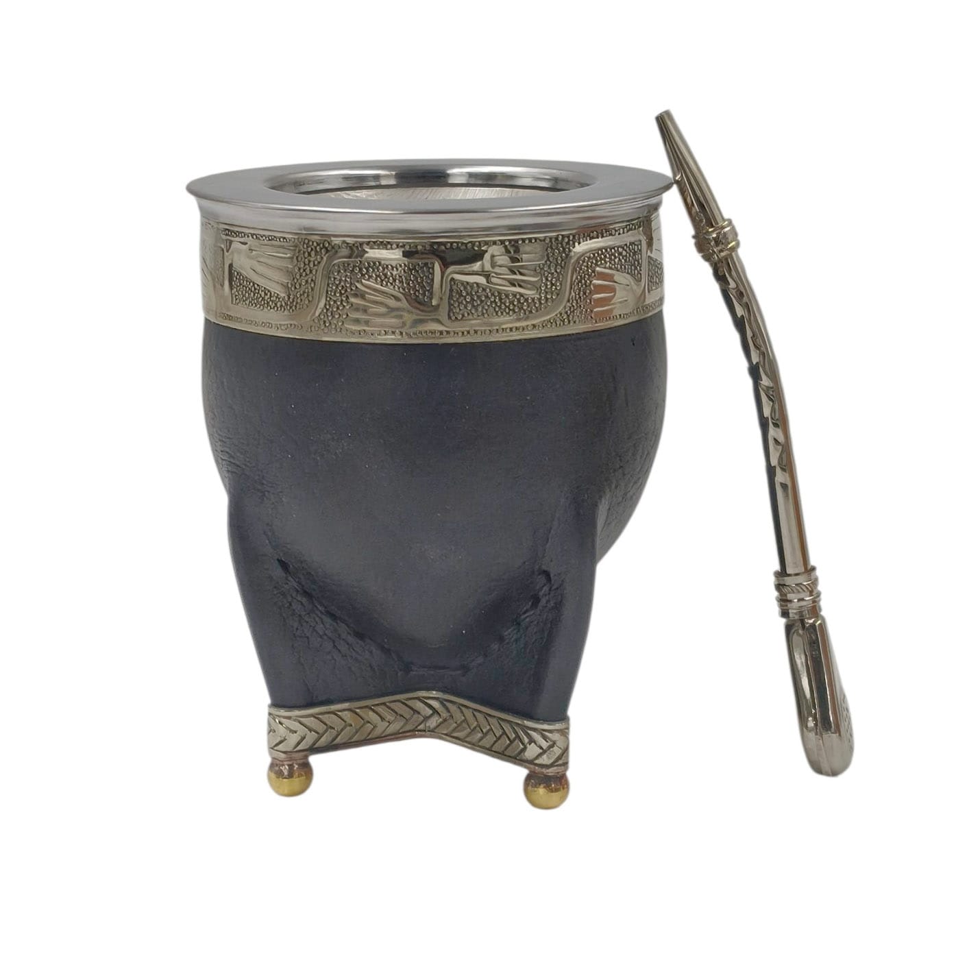 Mate acero imperial virola y base en alpaca con bolitas + bombilla