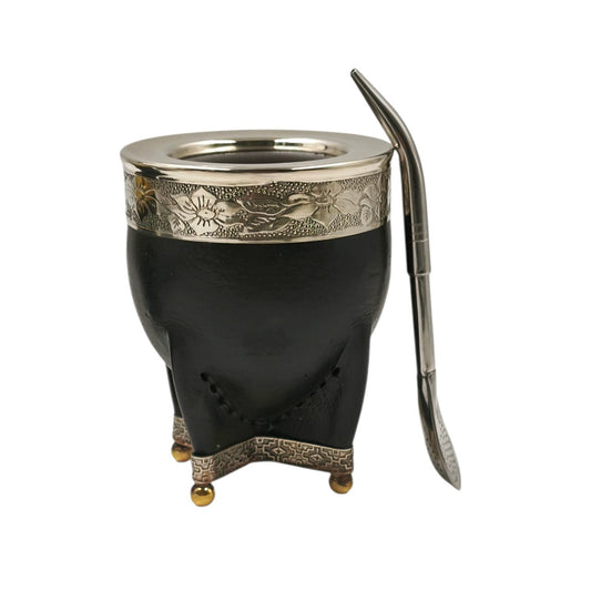 Mate acero imperial virola y base en alpaca con bolitas + bombilla