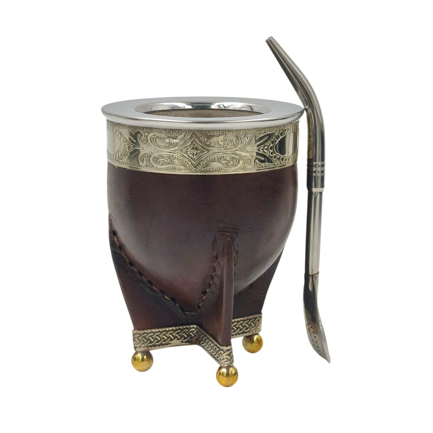 Mate acero imperial virola y base en alpaca con bolitas + bombilla