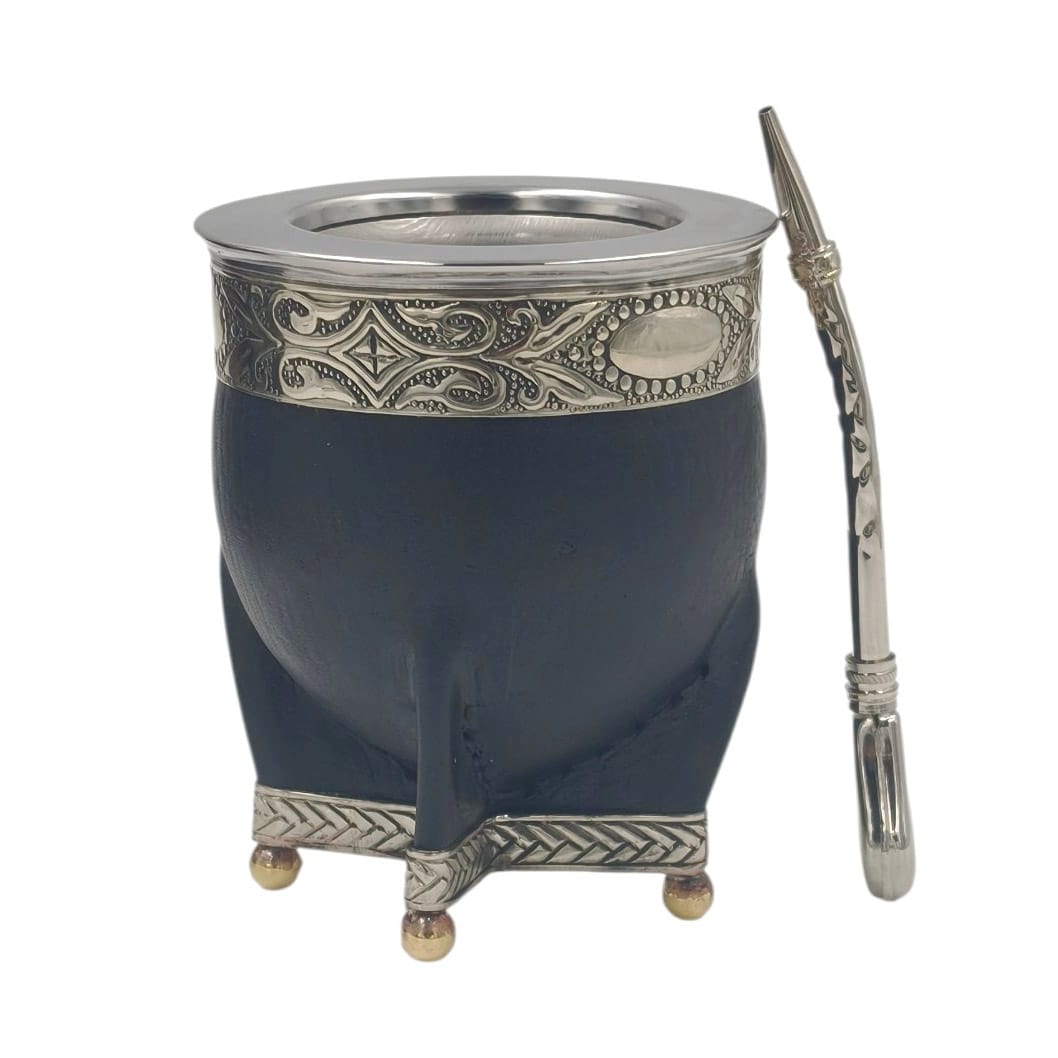 Mate acero imperial virola y base en alpaca con bolitas + bombilla